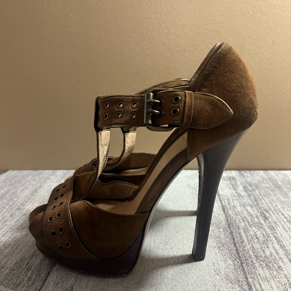 Fendi Brown T-Bar Ankle-Strap Platform Sandals Size 37.5 Made in Italy - Picture 1 of 10